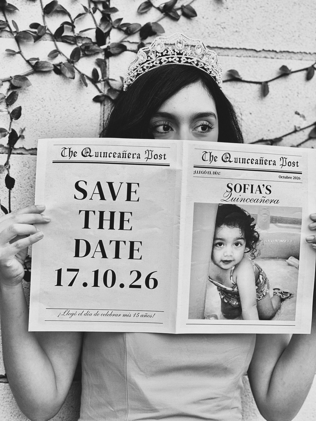Sofía sosteniendo un periódico que dice Save the date